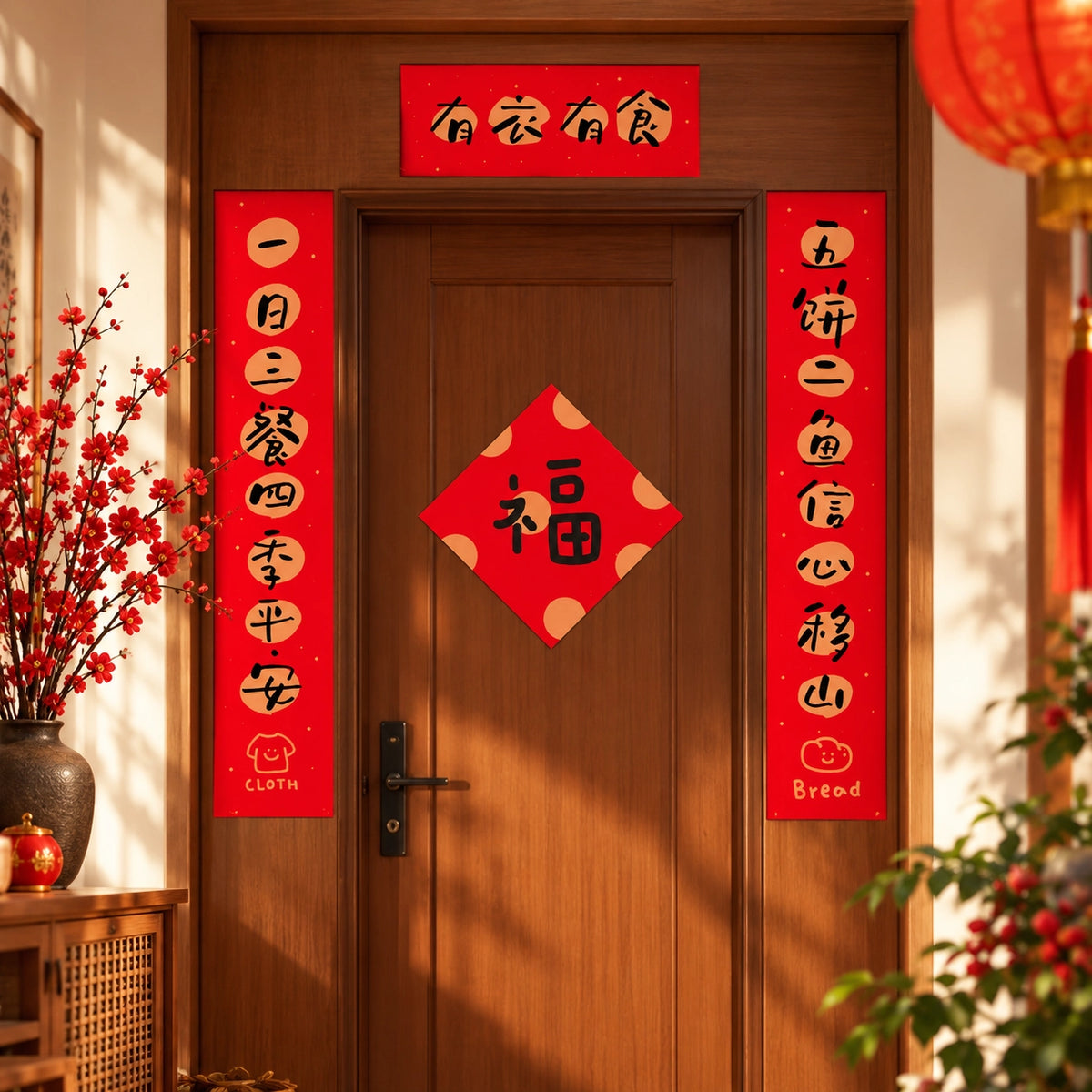 The Lord Will Supply Chinese New Year couplet set displayed around a wooden doorway