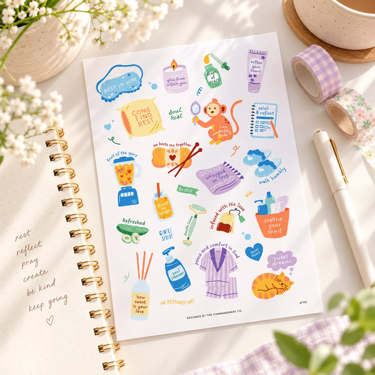 Self Care Everyday Stickers sticker sheet styled with journaling supplies on a sunlit desk.