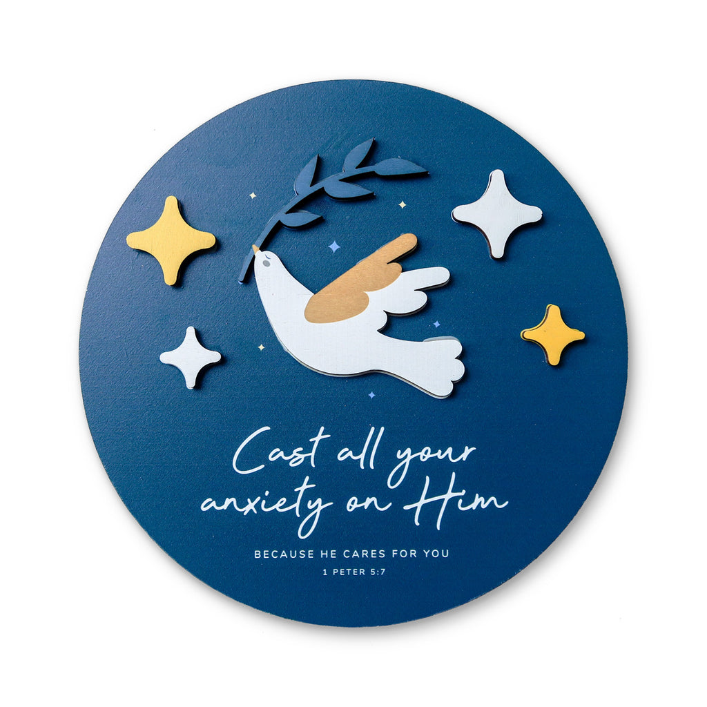 3D wooden Christian poster featuring a dove holding an olive branch, surrounded by stars, with the Bible verse 'Cast all your anxiety on Him' from 1 Peter 5:7.