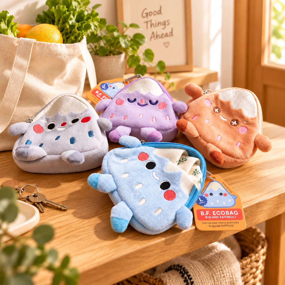 Four colourful B.F. Eco Bag plush foldable shopping bag pouches displayed on a wooden table in a sunny homely kitchen