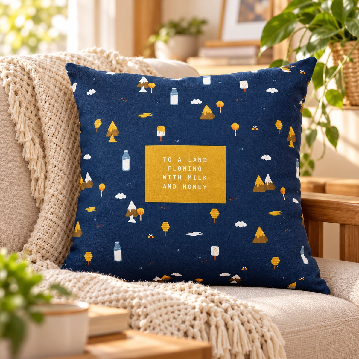 To a Land Flowing with Milk and Honey navy Christian cushion cover on a cream sofa