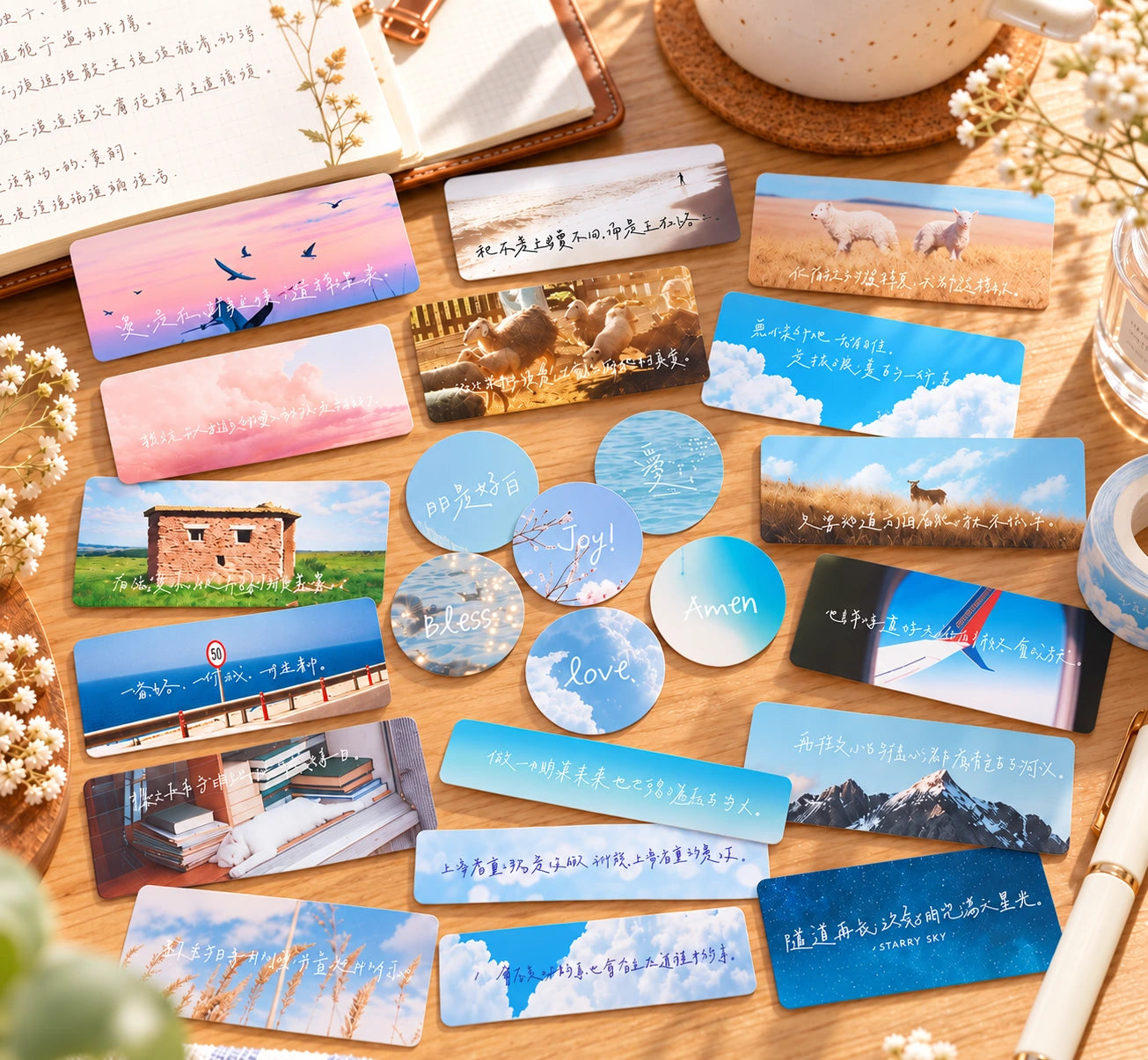 Individual Everyday Is Good With You Christian journaling stickers arranged on a sunlit wooden desk with an open journal.