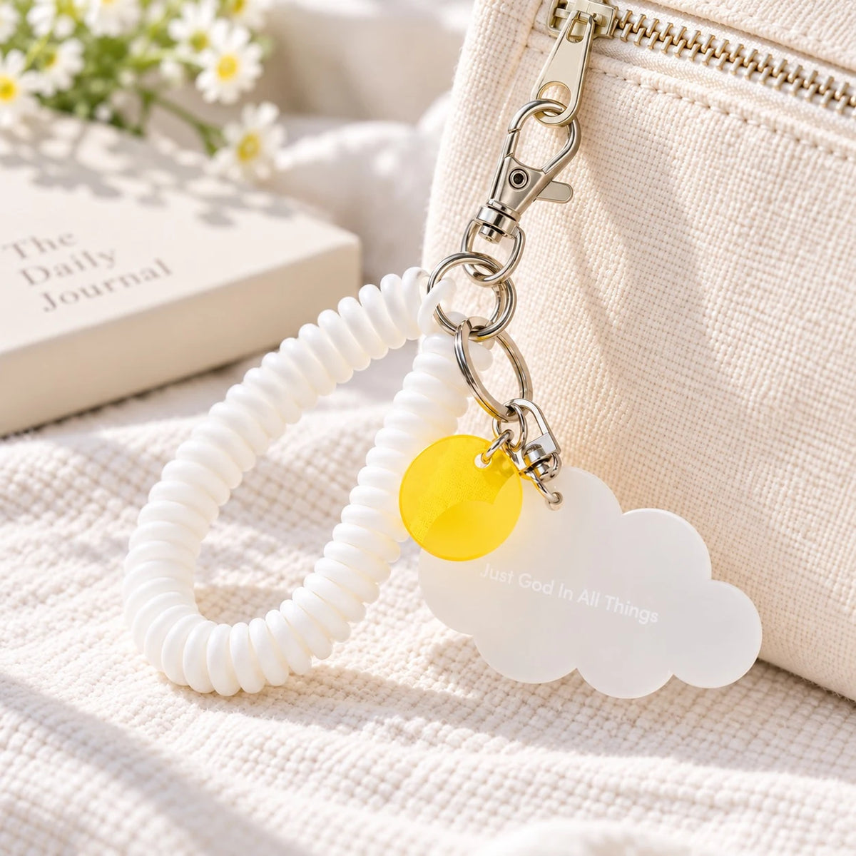 Trust God In All Things white cloud acrylic keychain with white spiral strap on a canvas bag
