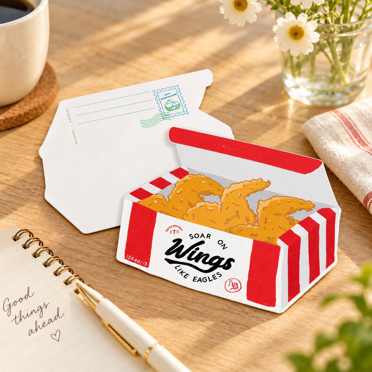 Soar on Wings fried chicken LOVE SUPERMARKET shaped card resting on a wooden desk