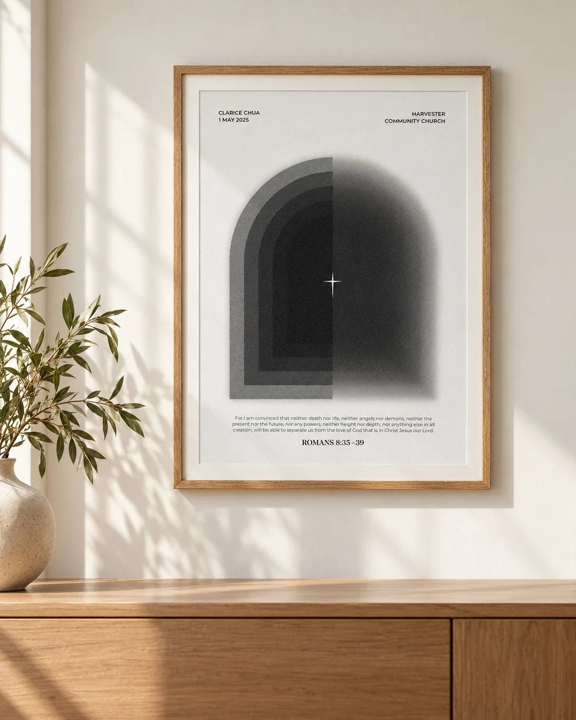 Personalised Shadows to Shining Light baptism poster framed on wall