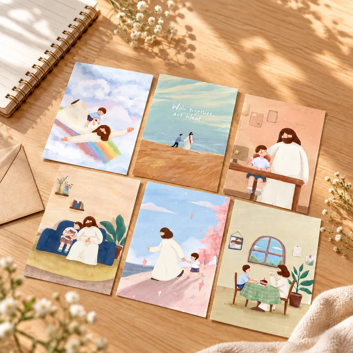 Six illustrated Jesus postcards laid out on a sunlit wooden table