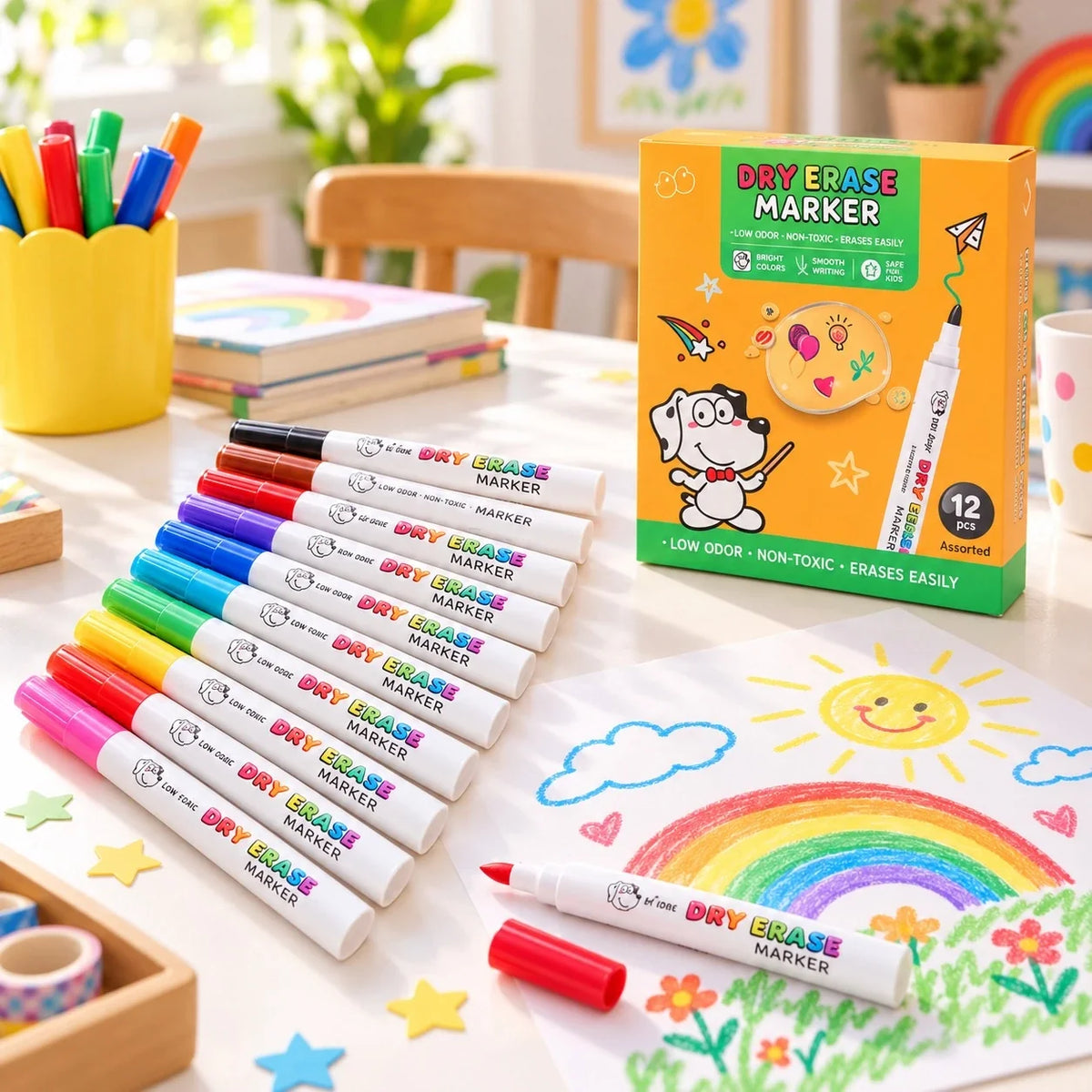 Colouring marker set of 12 arranged by a child's colourful drawing