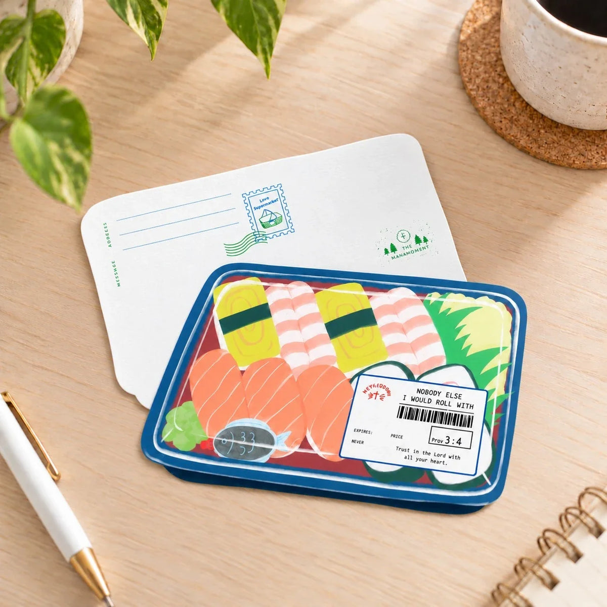 Trust in the Lord sushi set card on desk with reverse side