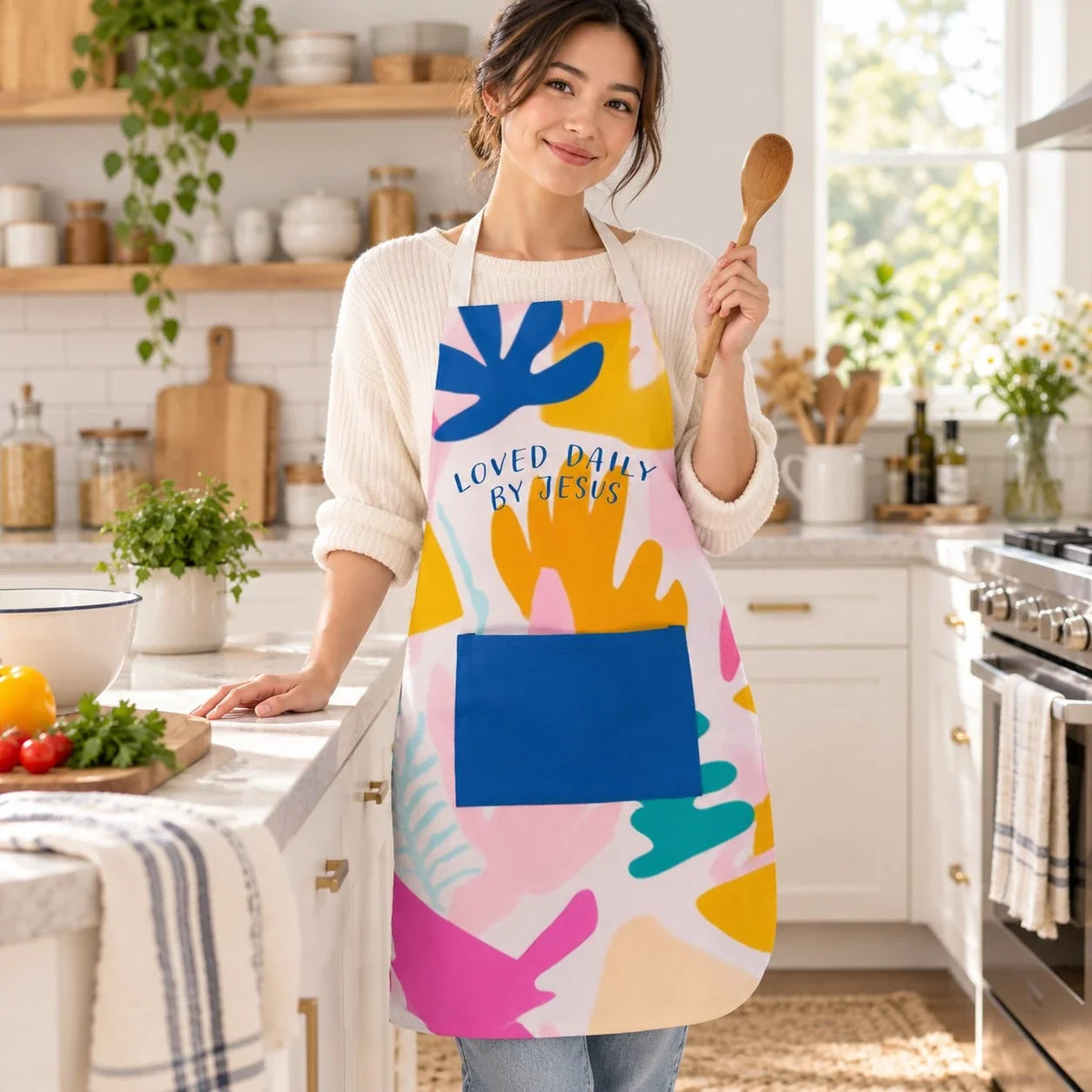 Loved Daily by Jesus colourful apron worn in a bright kitchen