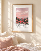 My Grace Is Sufficient for You floral Christian poster in light wooden frame above bed