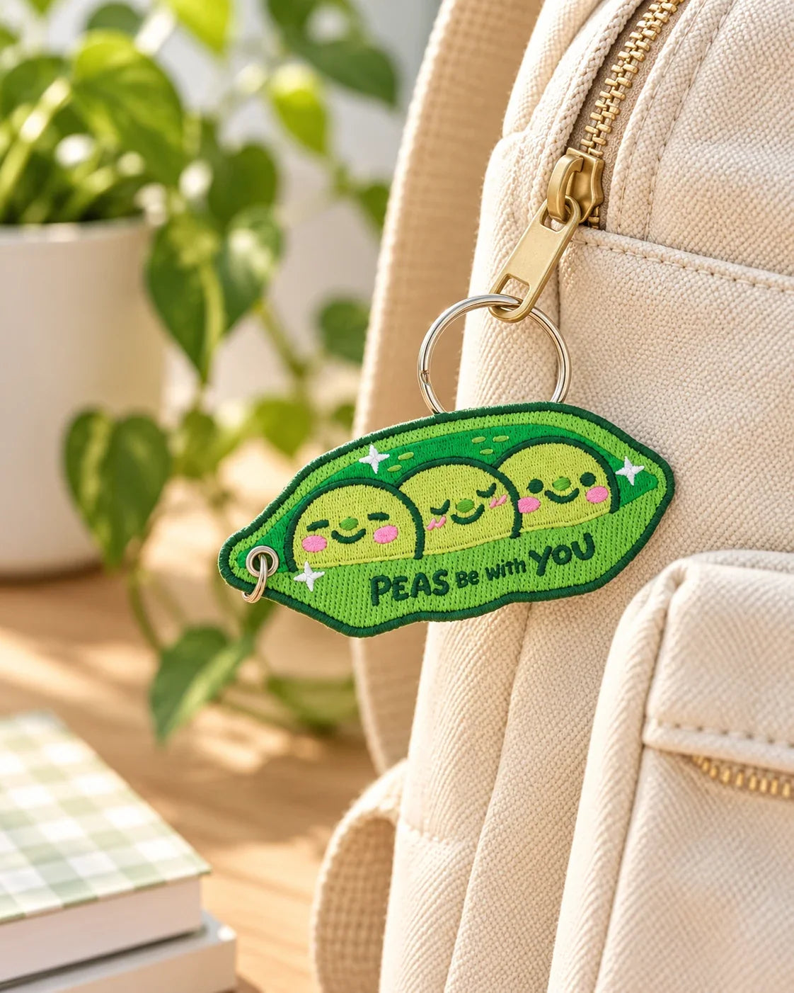 Peas Be With You embroidered keychain on beige backpack zipper