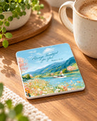 Always Thankful for You landscape coaster on wood table beside coffee