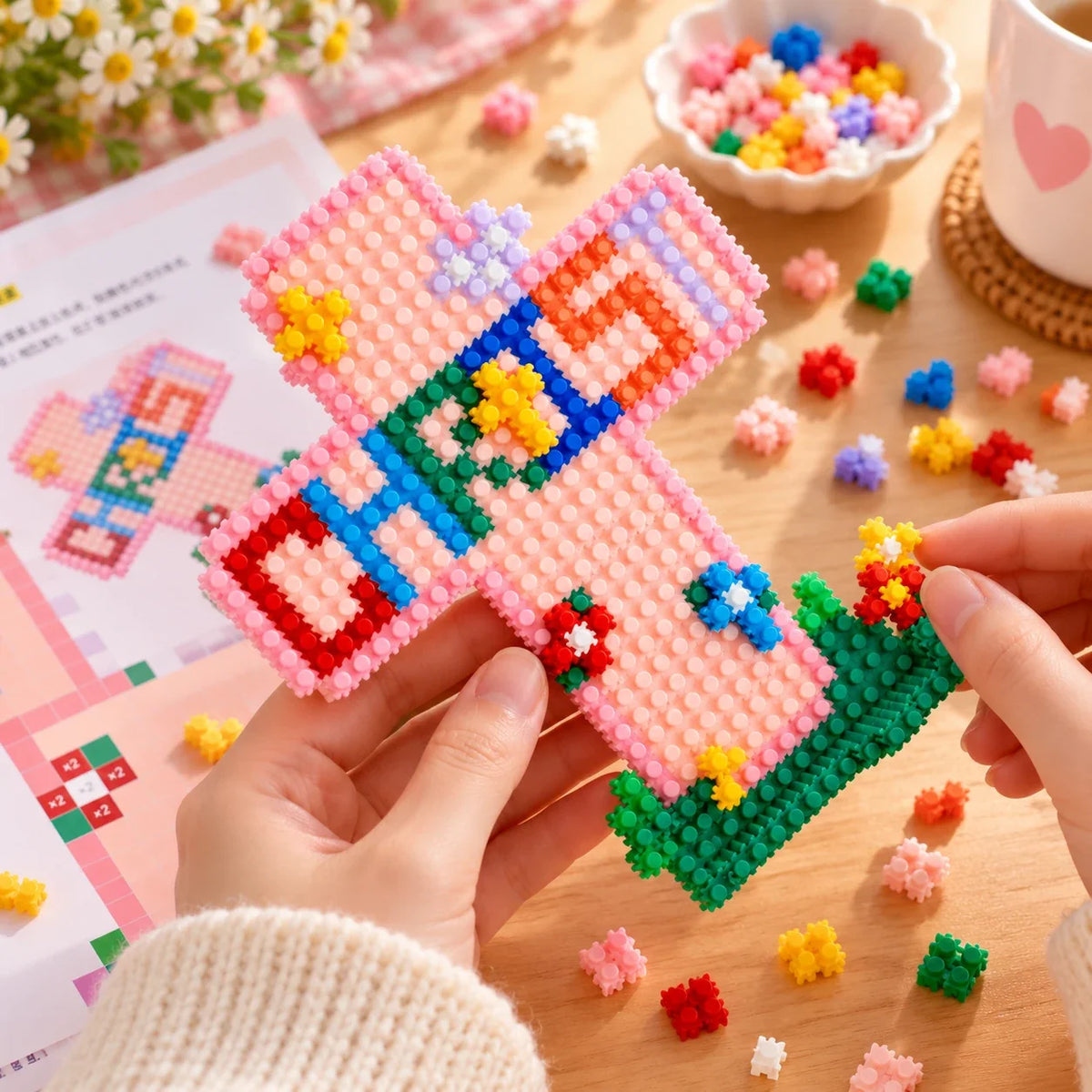 Colourful micro block Christian cross under construction on a table