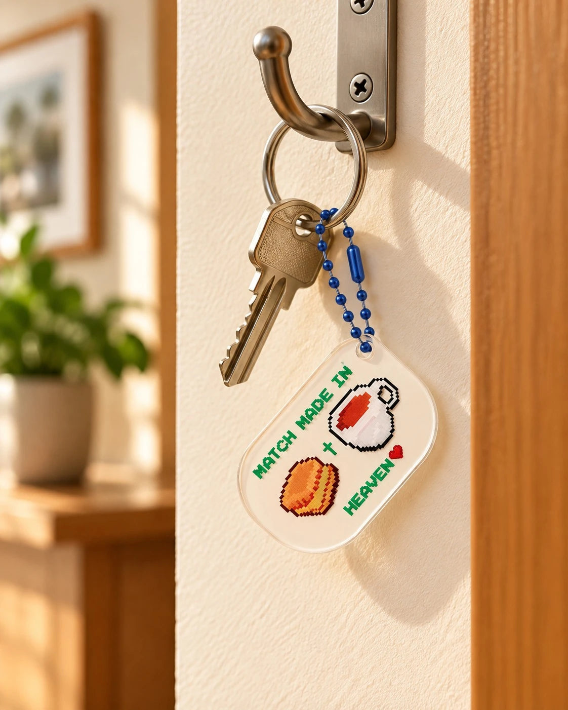 Match Made in Heaven kaya toast and kopi acrylic keychain hanging with house keys