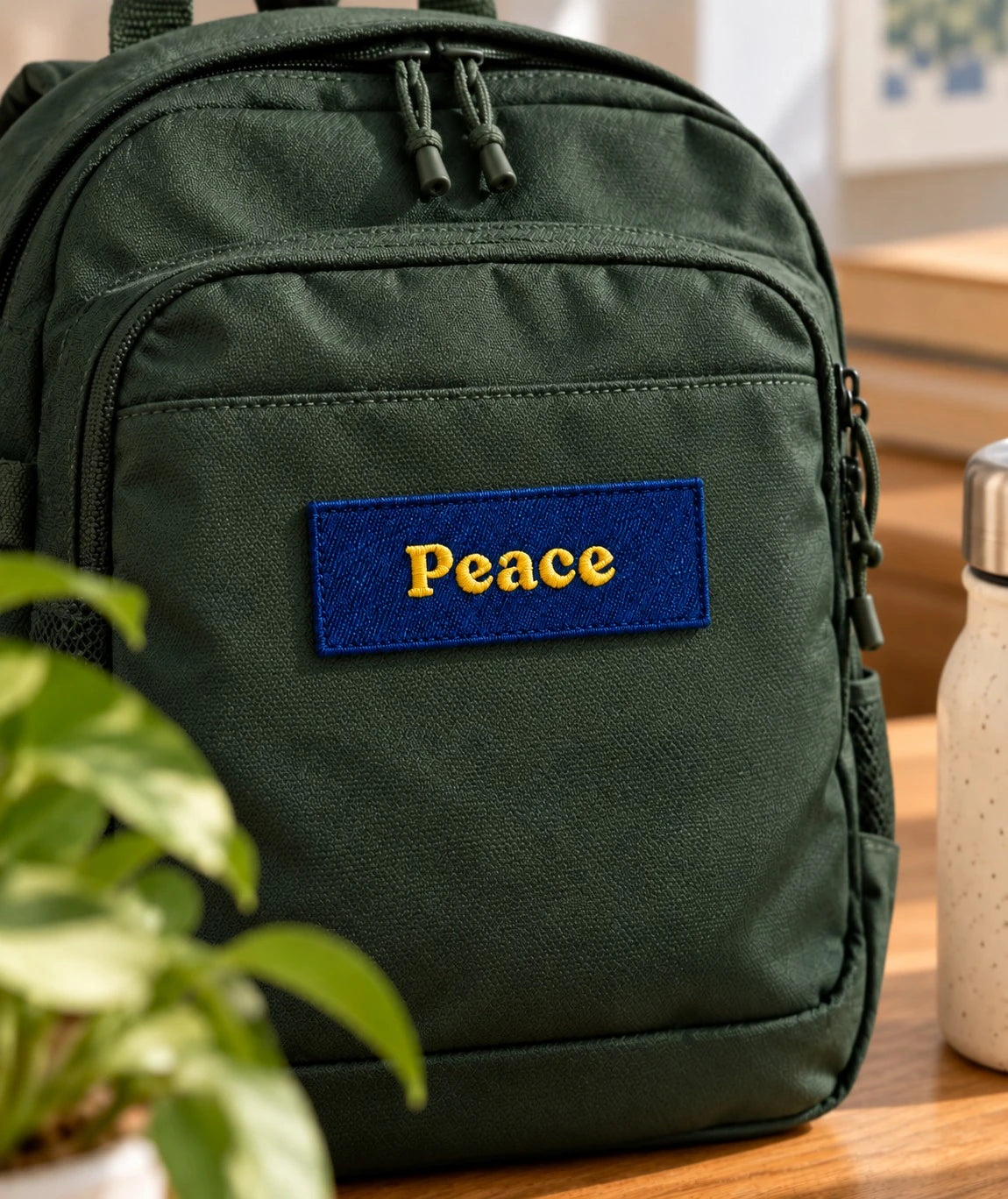 Blue Peace embroidered Velcro tag attached to the front of a dark green backpack