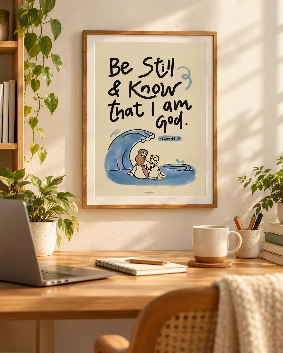 Be Still and Know Psalm 46:10 poster in a wooden frame on a warm study wall above a desk and potted plants