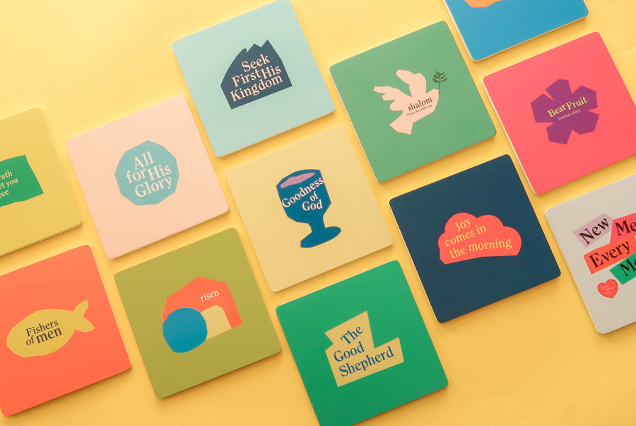 Spiritual Square Coaster: Christian-themed wooden coaster with colorful geometric patterns.