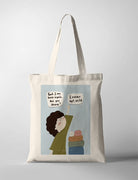 Faith-based Tote Bag showing a child reaching up and asking, 'God, I am here again... Are you there?' with God's reply above saying, 'I never left, child.' The child stands on stacked baggage labeled 'Fears,' 'Failures,' 'Future Plans,' 'Past Mistakes,' and 'Sins.' The illustration conveys God's constant presence and love despite life's burdens.