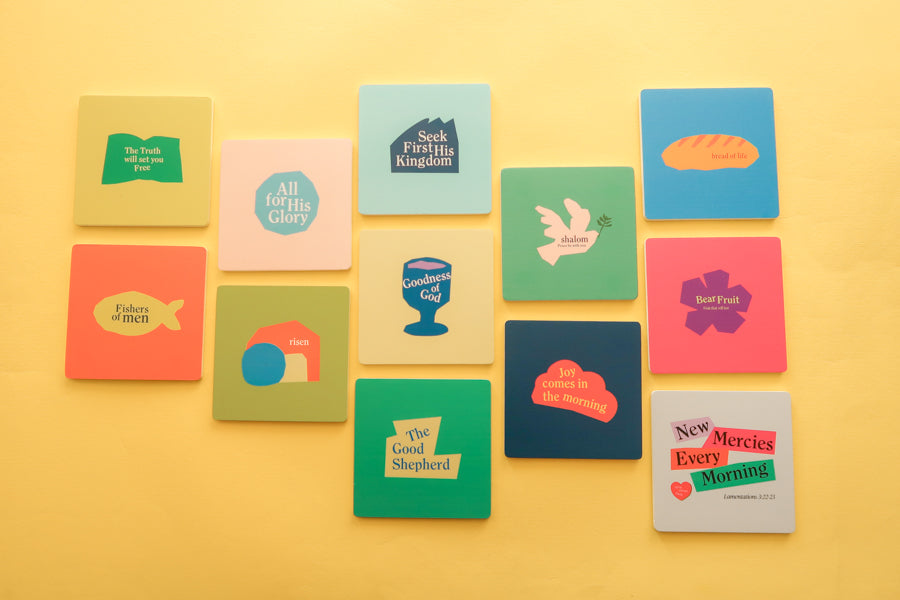 "Faithful Modern Coasters: Wooden squares featuring enlightening Christian motifs, great gifts.