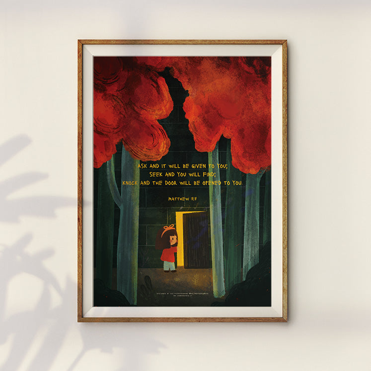 A whimsical Christian poster showing a child about to walk through an illuminated door in a dark forest, with bold red trees. The illustration features the Bible verse Matthew 7:7, reminding viewers to ask, seek, and knock for guidance.