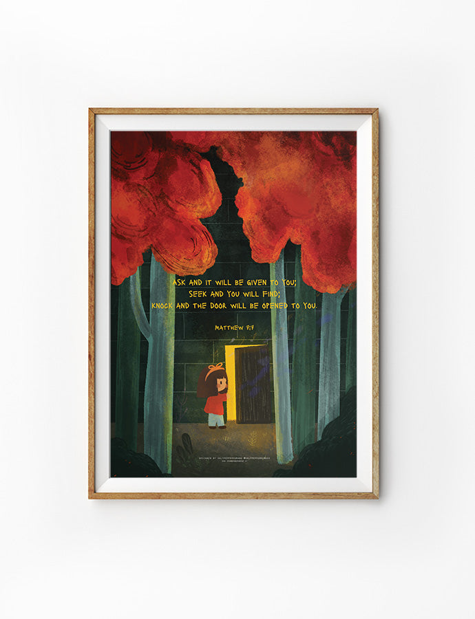 A framed Christian art print featuring an illustration of a child standing in front of an open door in a forest, with red trees overhead. The text includes the Bible verse from Matthew 7:7: 'Ask and it will be given to you; seek and you will find; knock and the door will be opened to you.