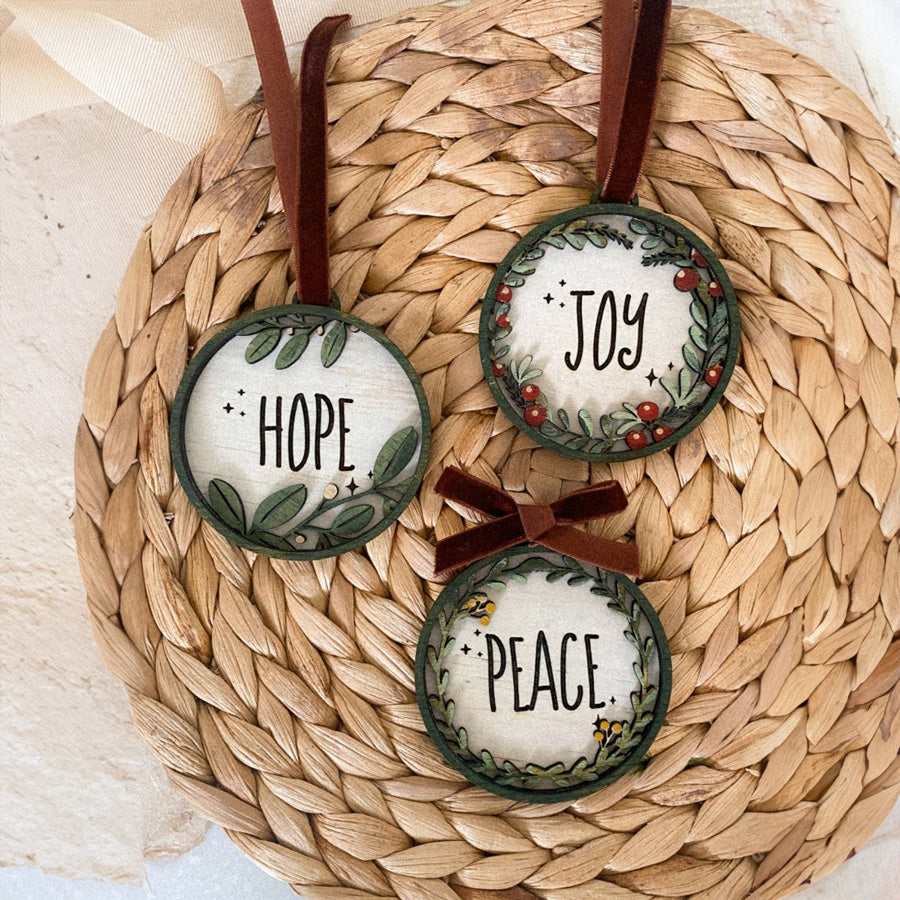 Bauble Set of Three - Hope, Joy, Peace {Wood Craft}