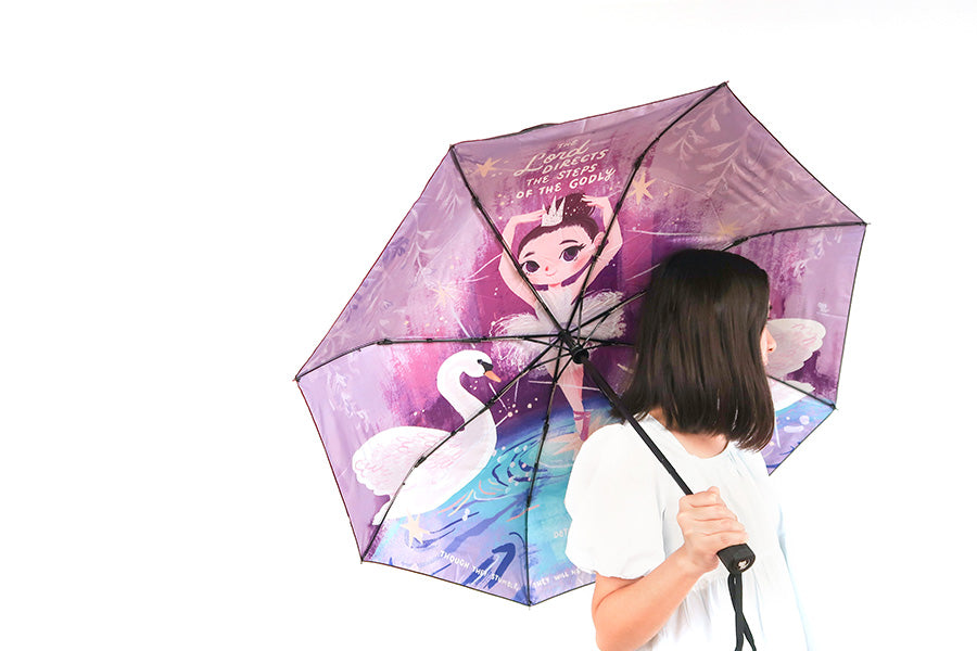 Beautiful Christian umbrella with 'The Lord directs steps' verse and ballerina design, inspirational gift.