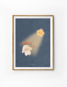 A faith-based poster featuring a minimalist design of a sheep in flight, illuminated by a beam of golden light against a deep blue background. The poster's simplicity emphasizes the theme of peace and spirituality, making it ideal for a serene and inspirational setting.