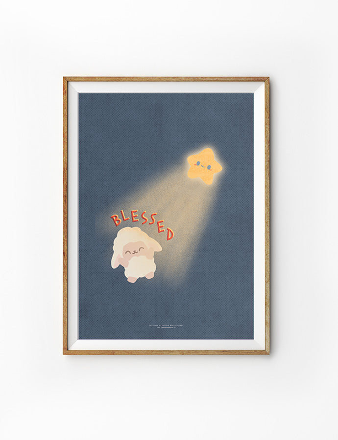 A faith-based poster featuring a minimalist design of a sheep in flight, illuminated by a beam of golden light against a deep blue background. The poster's simplicity emphasizes the theme of peace and spirituality, making it ideal for a serene and inspirational setting.