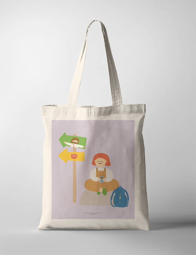 The image features anillustration of a person seated with a drink, against a purple background.  There are two arrrows. One with Jesus pointing and another towards a money pouch. The design includes simple shapes and bright colors within a tote bag.