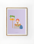 The image features a framed illustration of a person seated with a drink, against a purple background.  There are two arrrows. One with Jesus pointing and another towards a money pouch. The design includes simple shapes and bright colors within a light-colored frame.