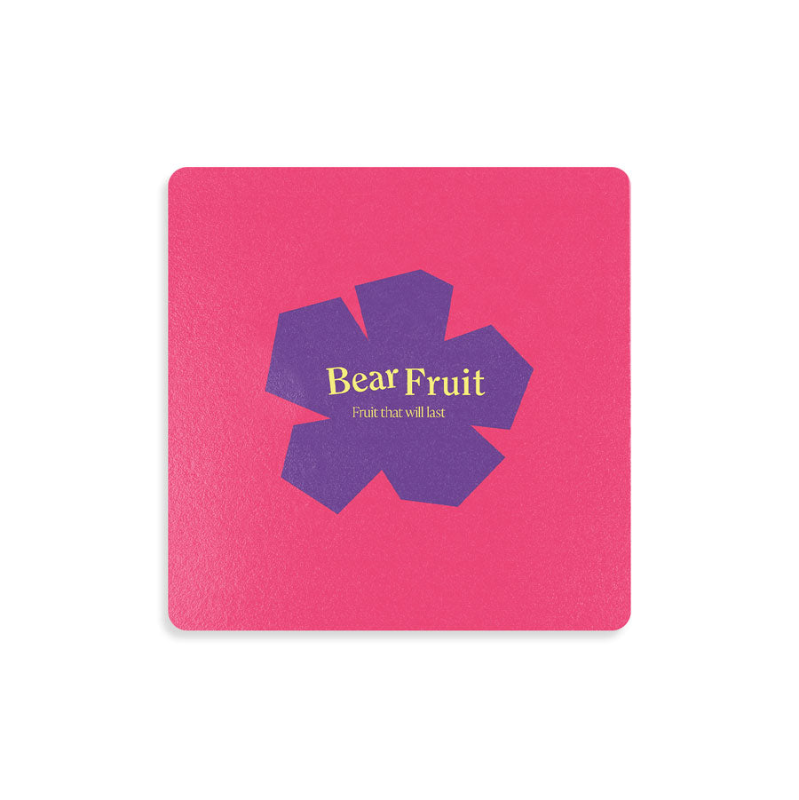 Bear Fruit: Christian-inspired design on wooden coaster, vibrant colors.
