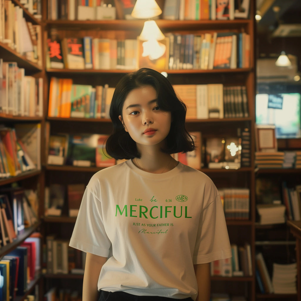 Inspirational Christian Tee: 'Be Merciful' message with modern, minimalist typography, a graceful faith statement.