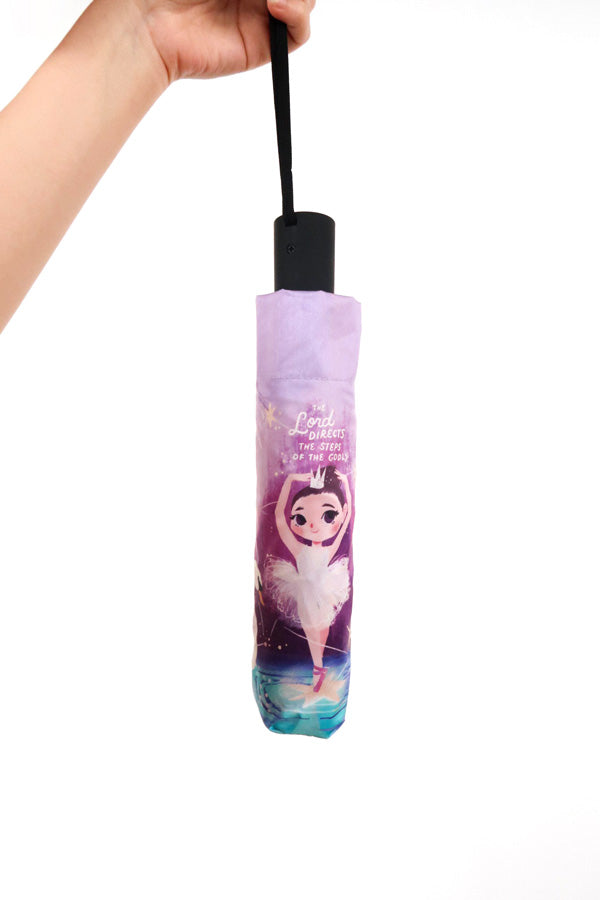 Inspirational Christian umbrella featuring 'The Lord directs steps' verse and ballerina design.