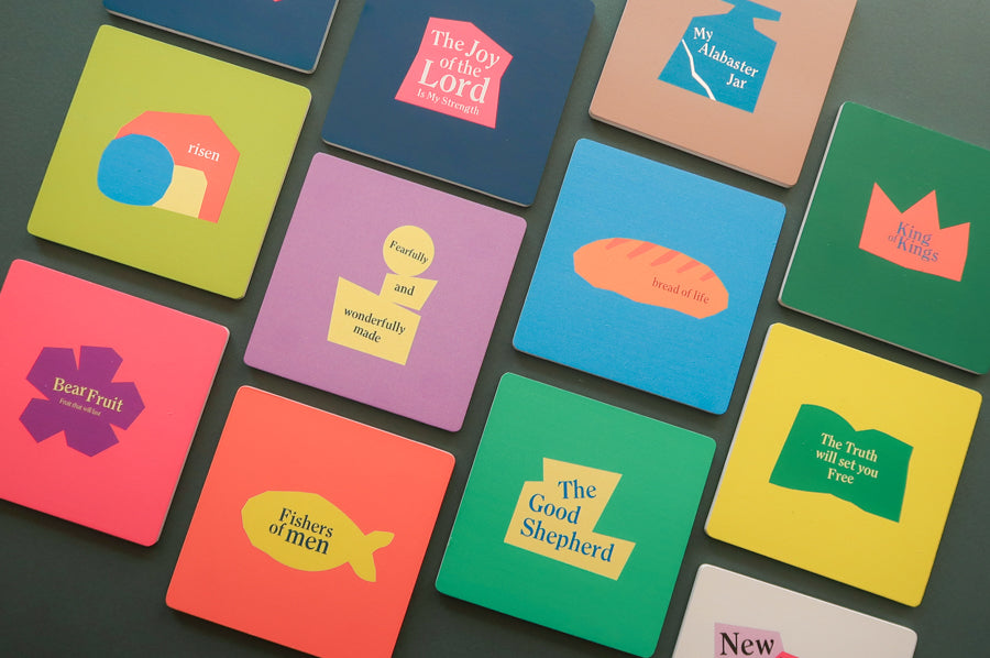 Faithful Geometric Coaster Duo: Vibrant wooden square coasters with Christian patterns.