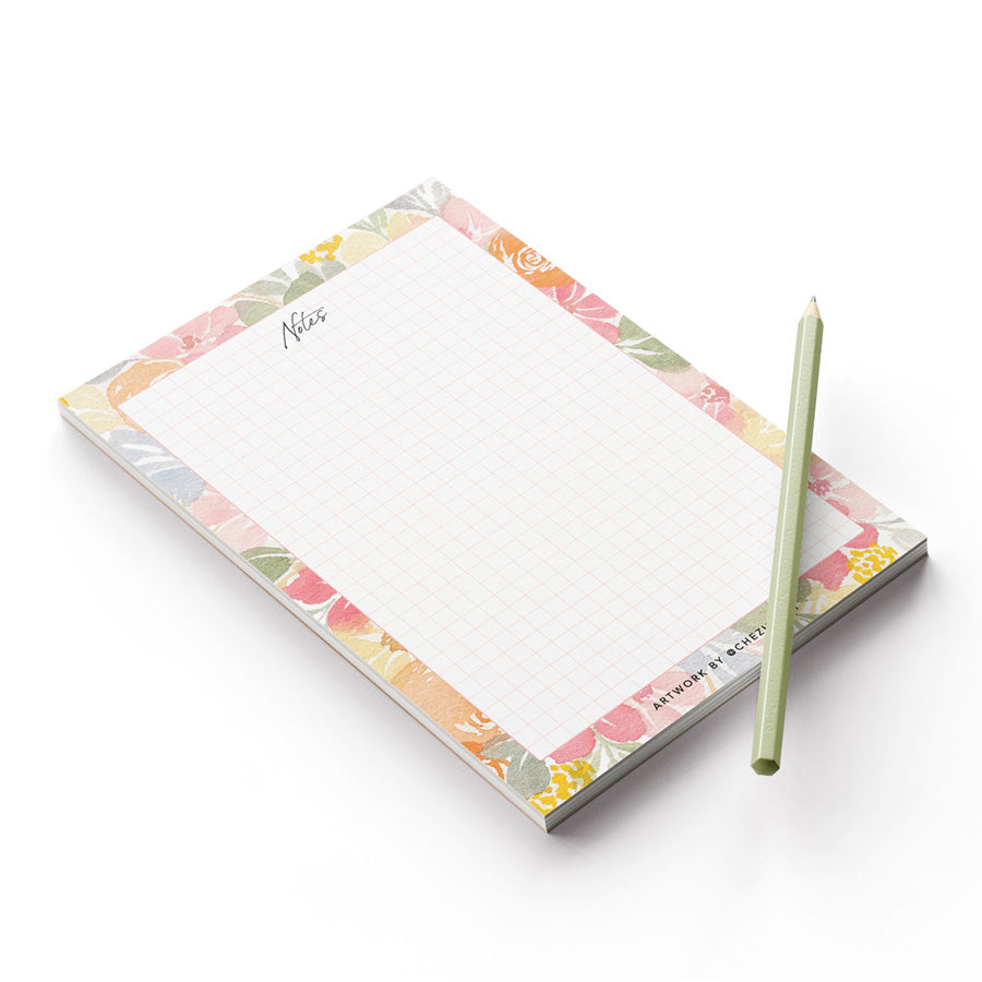 Stylish Floral Stationery: Notepad with square guides, 50 pages, and a bonus pen