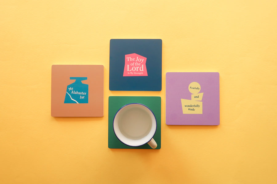 Colorful Christian Coaster: Geometric wooden coaster featuring faith-inspired motifs.