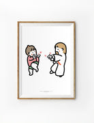 A heartwarming Christian illustration featuring Jesus and a child joyfully exchanging finger-gun gestures with floating hearts around them. This faith-filled artwork exudes warmth and love, making it a perfect inspirational wall decor piece for those who cherish faith-based art.