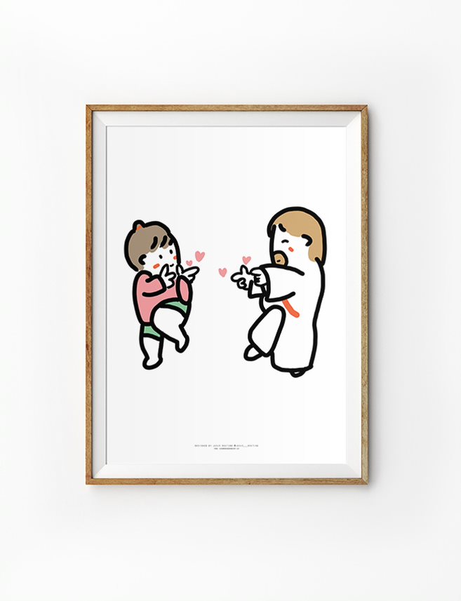 A heartwarming Christian illustration featuring Jesus and a child joyfully exchanging finger-gun gestures with floating hearts around them. This faith-filled artwork exudes warmth and love, making it a perfect inspirational wall decor piece for those who cherish faith-based art.