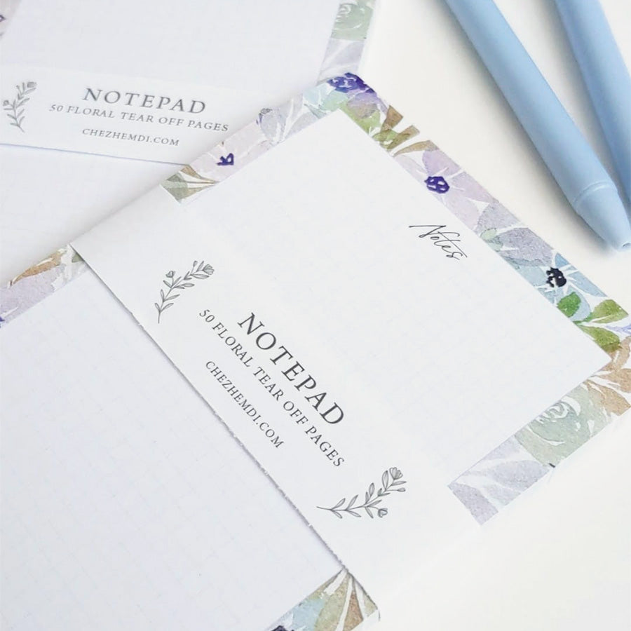 Floral Square Memo Set: 50 pages with guides, easy tear-off, complete with a ballpoint pen