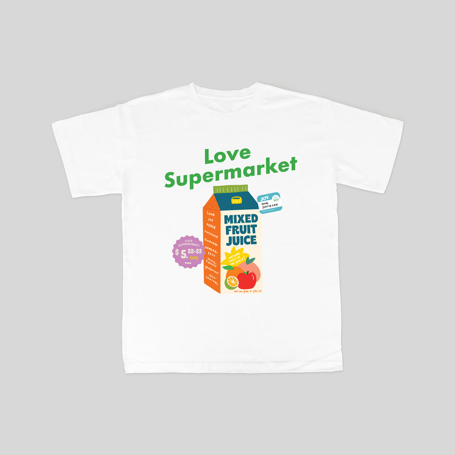 Christian-inspired tee creatively adorned with daily grocery items