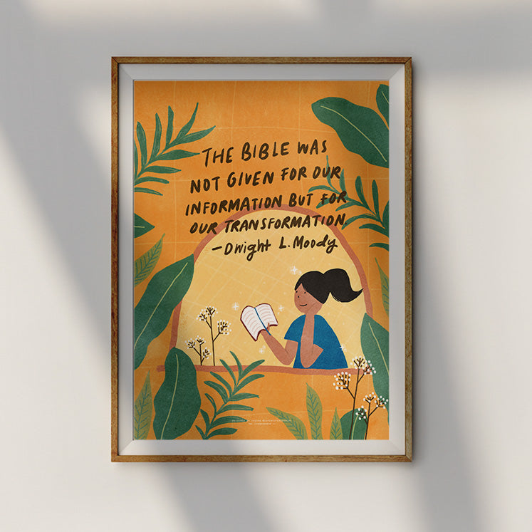 Illustrative framed wall art featuring Dwight L. Moody's quote and a woman reading the Bible