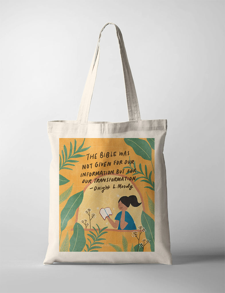 Modern tote bag featuring Dwight L. Moody quote on the Bible's purpose and vibrant illustration