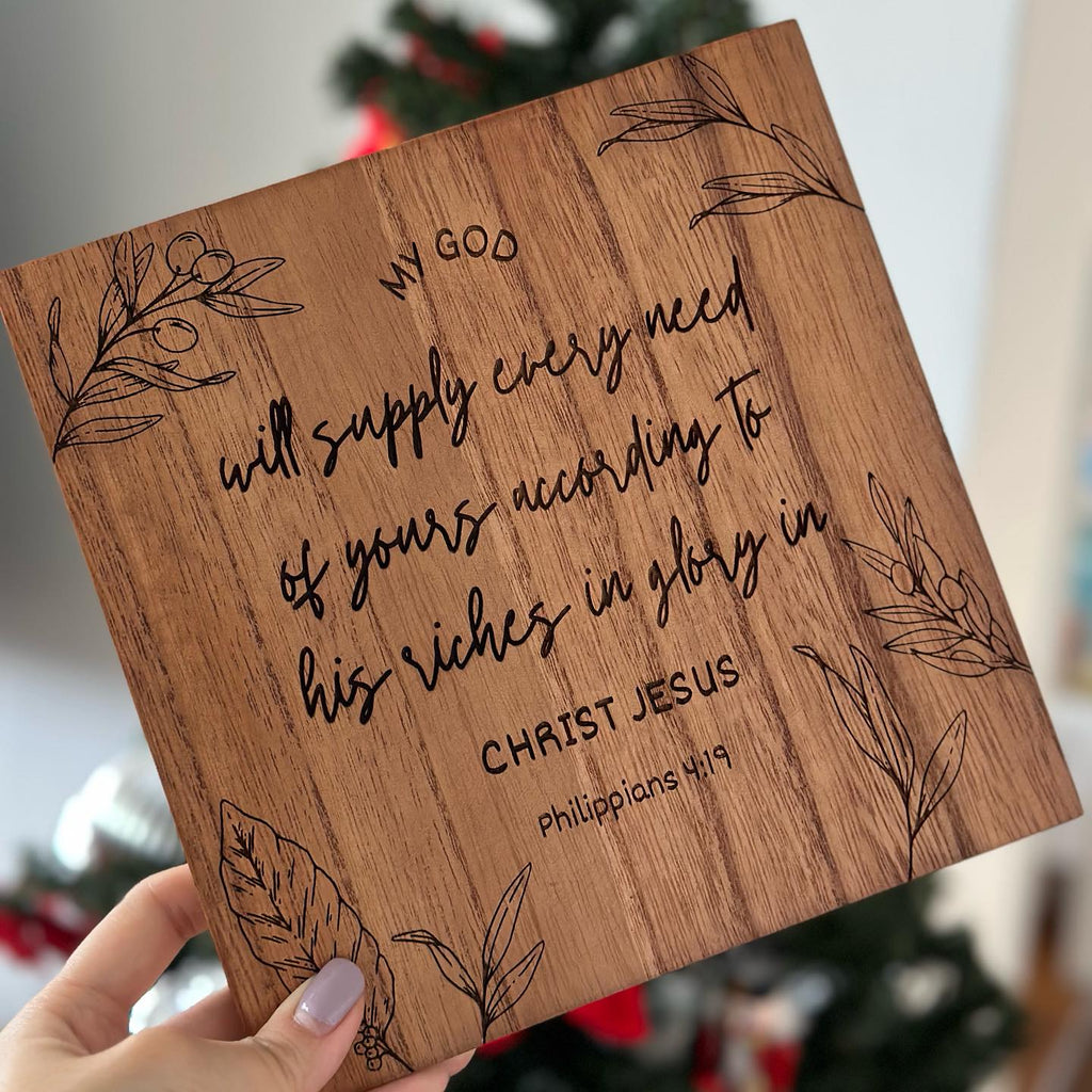 Divine Wood Engraving: Christian-themed wooden board with a powerful Bible verse Philippians 4:19