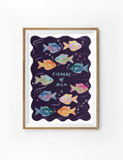 Colorful faith-based poster featuring a school of vibrant, patterned fish swimming against a deep blue background. This visually engaging design represents unity and diversity in faith, with each fish uniquely adorned in bright hues and intricate patterns, symbolizing hope and spiritual harmony.
