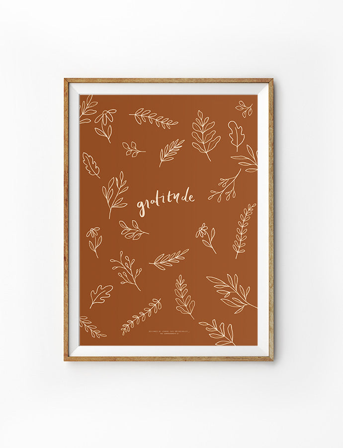 A faith-based gratitude poster featuring the word 'Gratitude' in elegant script, surrounded by autumn-colored leaves in warm tones.