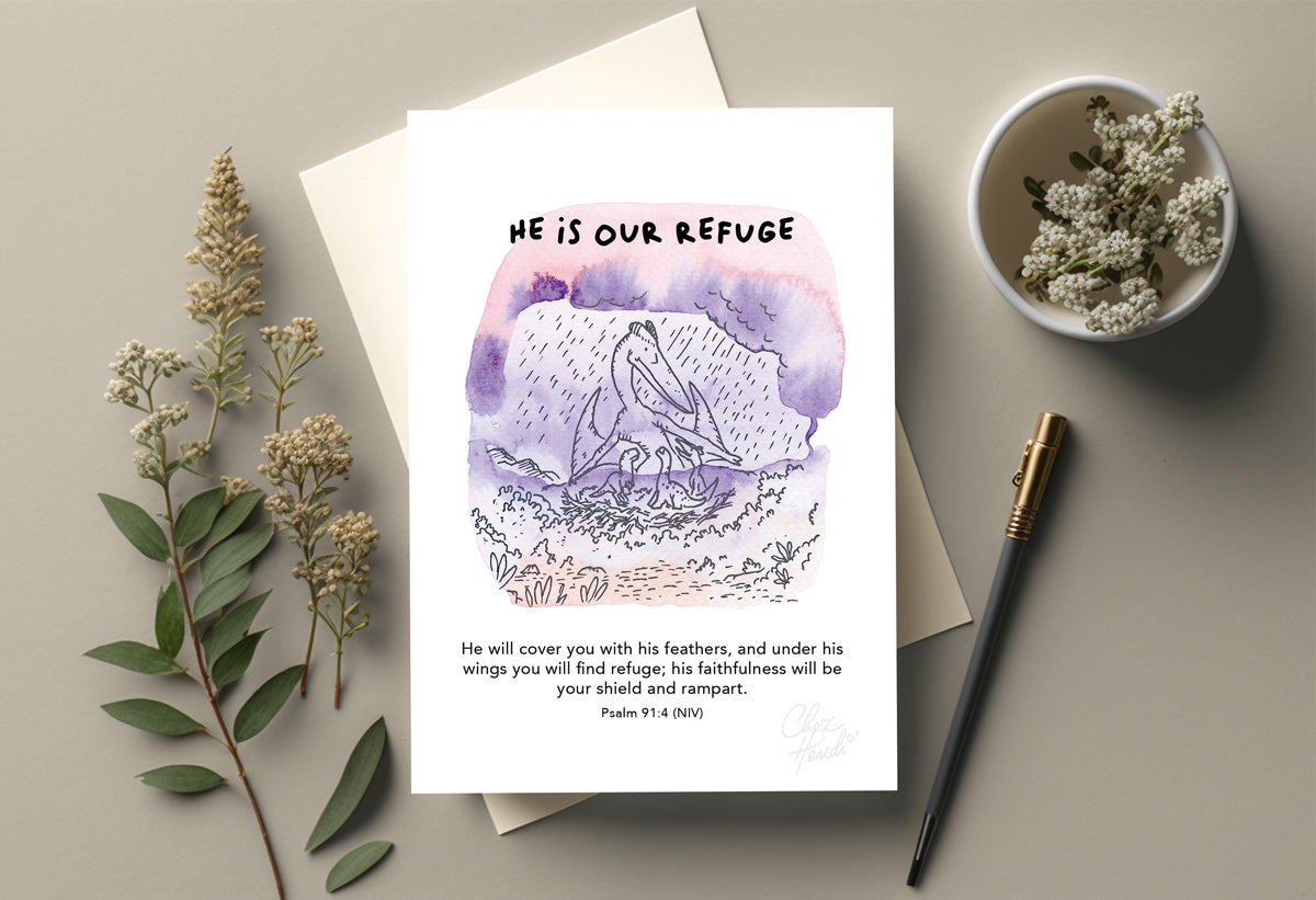 Dinosaur joy radiates on this Christian art card