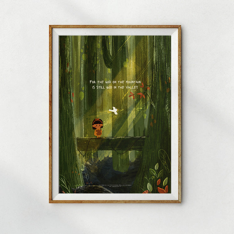 A whimsical Christian illustration of a child holding a book while standing on a bridge in a peaceful forest, with a white bird flying nearby. The text reads, 'For the God on the mountain is still God in the valley,' symbolizing God's presence in both high and low moments.