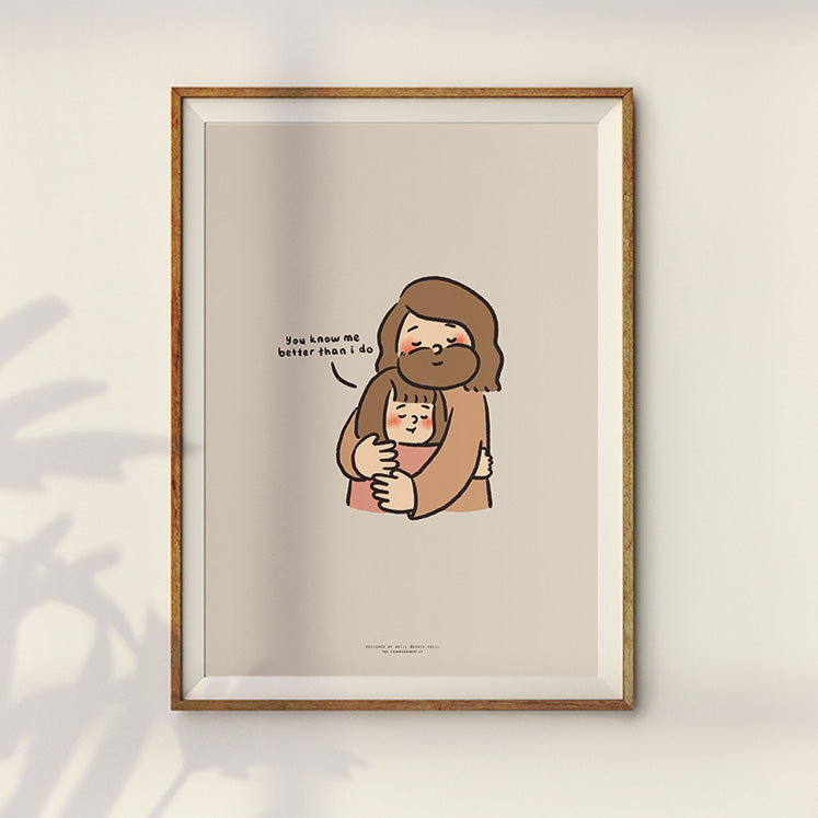 Cute framed artwork showing Jesus embracing a child, with the words 'You know me better than I do,' conveying a message of understanding and love.