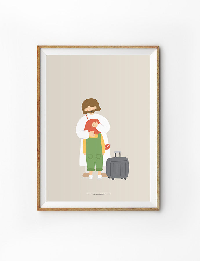 Framed artwork depicting a tender illustration of Jesus embracing a child with a suitcase, set against a minimalist beige background.